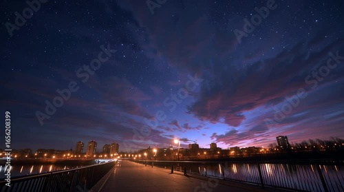 
A photorealistic timelapse of starry night sky seen from a city bridge, streetlights glowing, water reflecting the skyline