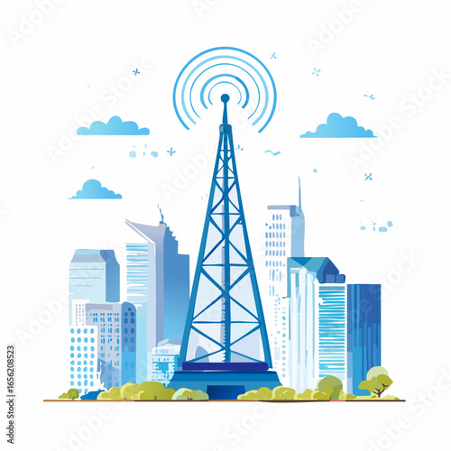 6G network vector with satellite tower and connected smart devices. Represents future communication and high-speed technology.