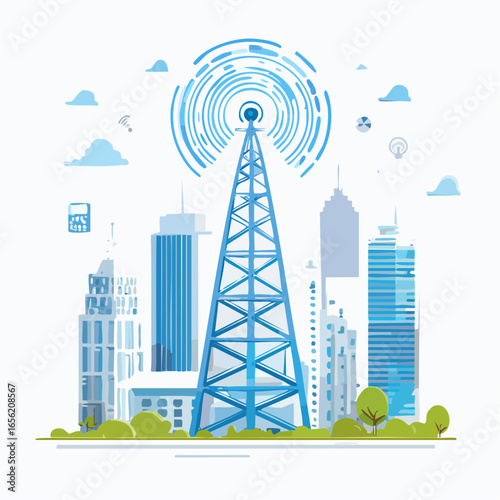 6G network vector with satellite tower and connected smart devices. Represents future communication and high-speed technology.