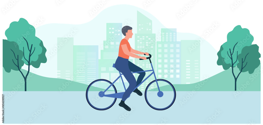 Fototapeta premium Healthy lifestyle concept, man riding bicycle in park. Exercise activity outdoor concept vector illustration