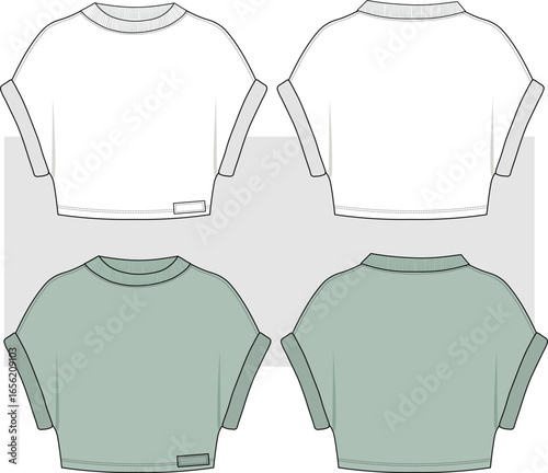 Women Dolman Sleeve Cropped T shirt fashion drawing, illustration. Front and Back view, CAD, Mockup set.
