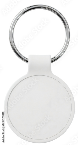 A white circular tracking device or key fob with a silver metal key ring attached.