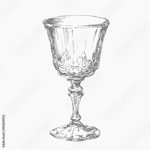 Antique goblet. Distressed graphic with noisy threshold edges, faded paper grain, and ink specks. Stipple effects and rough surface details.