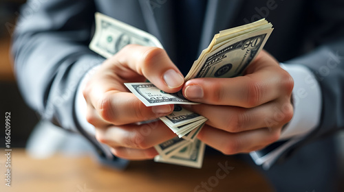 closeup of male hands counting a stack of US one hundred dollar bills. a businessman counts cash. the concept of investment, money exchange, bribery or corruption. selective focus