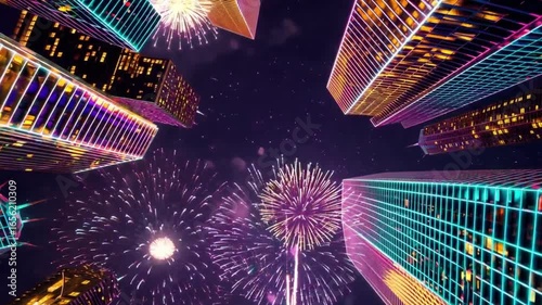 [Explosive View from Below] Fireworks Rising Between Skyscrapers