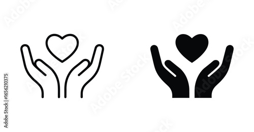  Outlined and solid heart-in-hands icons – minimalist black symbols of care, support, love, and protection for healthcare and charity design