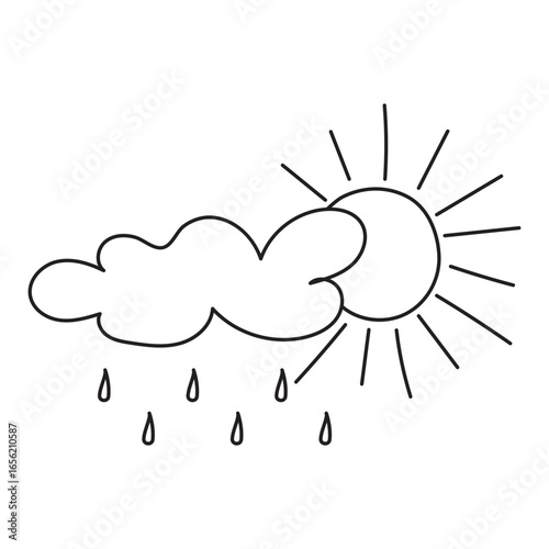 Sun behind cloud. Vector illustration of rain, rainy weather. Doodle icon, eps 10