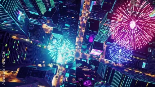 [Overhead Spectacle] Fireworks Blooming Between Buildings from Above