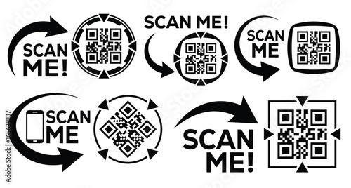 Set of black and white QR code icons with “SCAN ME!” text, arrows, and directional cues. Clean grid layout on white background. Simple, graphic, and instructional design template.