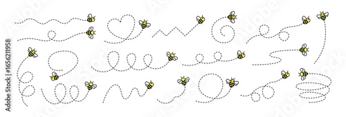 Collection of cut illustrations of flying bees. Cute bee characters. Simple dotted lines and bee illustrations.