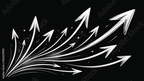 Diverging white arrows on black background with scattered dots, abstract motion illustration symbolizing direction, growth, and progress
