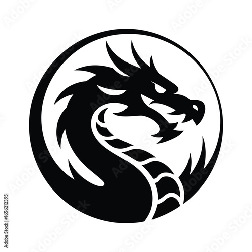  Black and white circular dragon silhouette with fierce head and curved body, ideal for tattoo, mythology, logo, and fantasy design themes