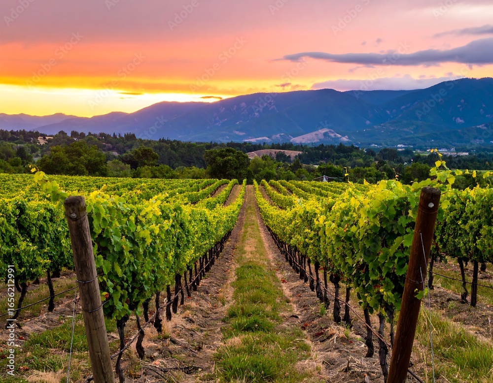 Fototapeta premium Vineyard at sunset with mountains