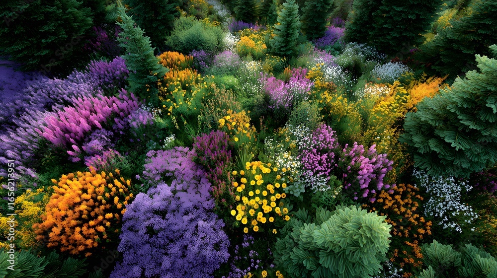 Obraz premium Vibrant aerial top-down photo of a lush summer meadow, showcasing a diverse tapestry of colorful wildflowers in purple, orange, and yellow.