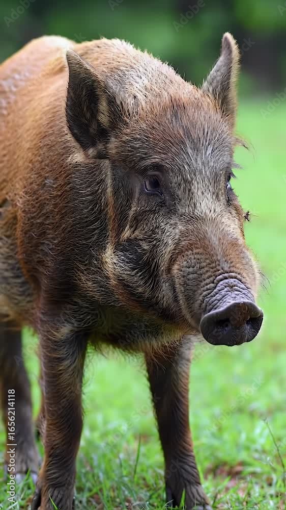 Wild Boar (Sus scrofa) Portrait in Lush Green Grass, Wildlife Animal in Natural Habitat Wild Boar (Sus scrofa) Portrait in Lush Green Grass, Wildlife Animal in Natural Habitat