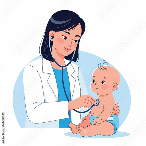 Vector illustration of doctor examining a baby with a stethoscope