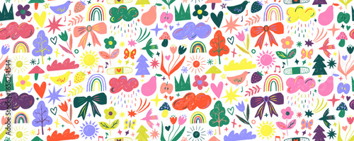 Crayon drawn seamless pattern with funky kid doodles. Hand drawn summer or spring background. Colorful childish seamless banner background with clouds and flowers. Cute kid simple doodle art.
