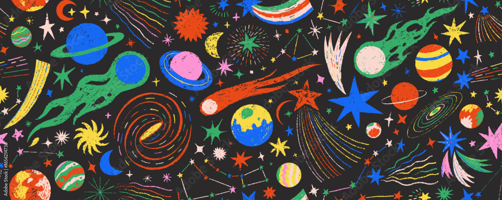 Naklejka premium Cosmic night sky with colorful constellations seamless pattern. Crayon drawn kid stars, comets and planets background. Cosmic stars in darkness space vector print. Childish wrapping paper design.