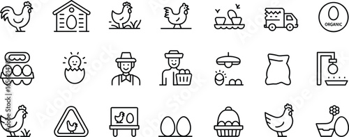 Chicken farming icons, egg production, poultry farm, organic eggs, farmer market, chicken coop, hatching chicks, food supply chain, agriculture, flat vector illustration