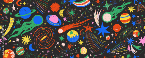 Cosmic night sky with colorful constellations seamless pattern. Crayon drawn kid stars, comets and planets background. Cosmic stars in darkness space vector print. Childish wrapping paper design.