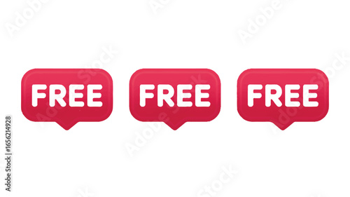 Three Red 3D Speech Bubbles with Word Free Indicating No Cost and Promotional Offers for Customers Shopping