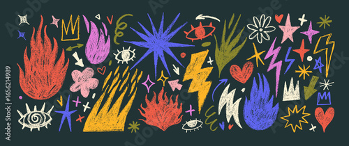 Colorful crayon drawn fire flames, stars and eye icons collection. Punk tattoo stickers.