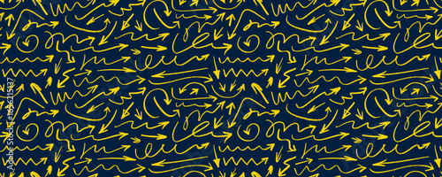 Crayon drawn yellow doodle arrows on black background. Hand drawn vector seamless pattern with various wavy, curved and straight arrows. Marker doodle drawing background, school banner design.