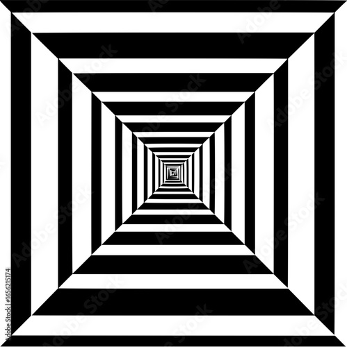 Optical illusion of receding squares in black and white creating a tunnel perspective effect design