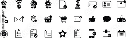 Certification icons, approval signs, verified badge, quality assurance, checklist documents, trusted security, award medal, secure shopping, verified account, trusted service, flat vector illustration