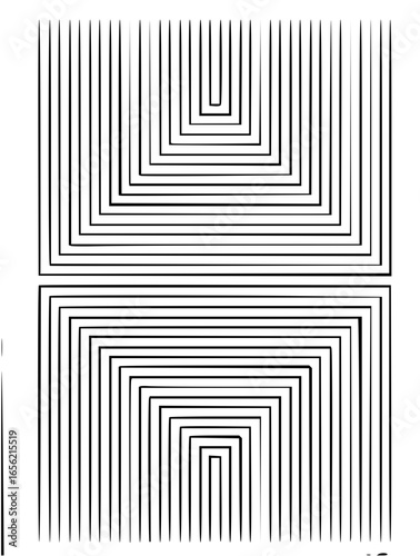 Abstract symmetrical design featuring nested squares and parallel lines in a monochrome pattern art style