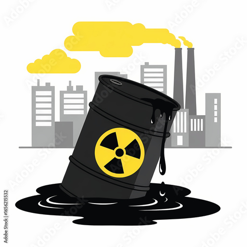 Vector illustration of radioactive barrel leaking toxic waste in front of factory