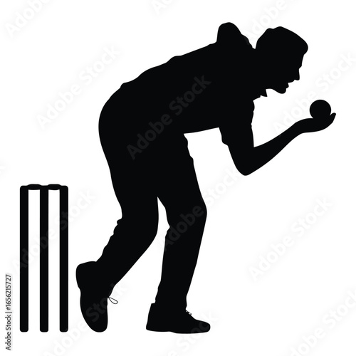  Silhouette vector illustration of a cricket bowler preparing to deliver a ball with stumps on a white background