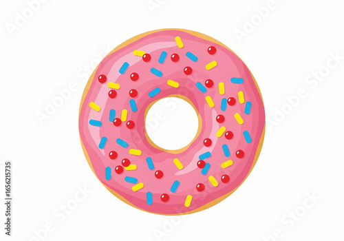 Vector illustration of pink frosted donut with colorful sprinkles