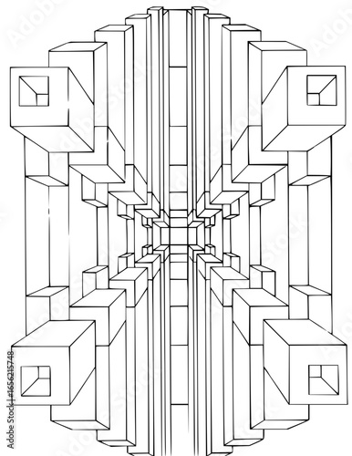 Perspective view of a complex geometric structure with cubes and rectangular prisms in black and white line art