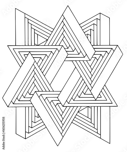 Complex star of david illusion with layered triangles and linear perspective in black and white design