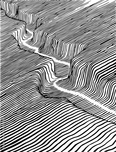 Abstract landscape illustration with parallel lines creating a canyon or ravine perspective view effect