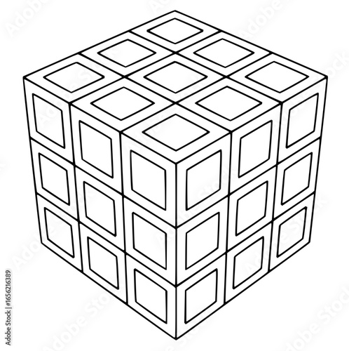 Isometric view of a cube composed of smaller cubes outlined in black and white creating a pattern