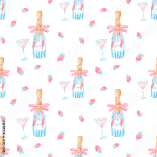 seamless watercolor pattern with champagne bottle and glass decorated with a ribbon
