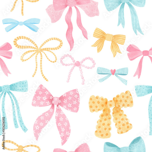 seamless watercolor pattern with cute bows and ribbons