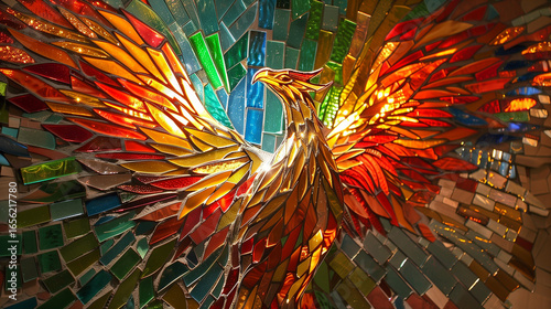 A phoenix made of shattered stained glass 