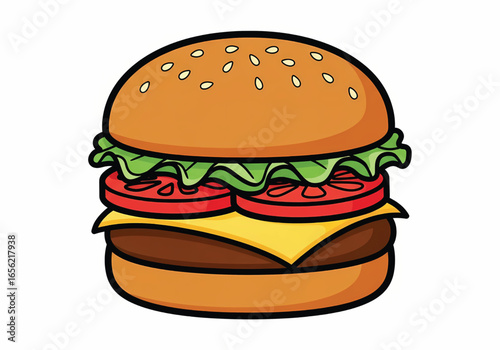 Vector illustration of juicy cheeseburger with lettuce, tomato, and cheese