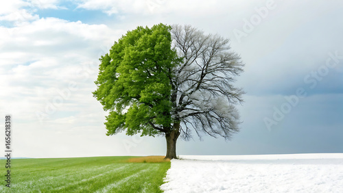 Conceptual image of a tree transitioning from lush green summer to stark white winter, symbolizing the cycle of life and change.