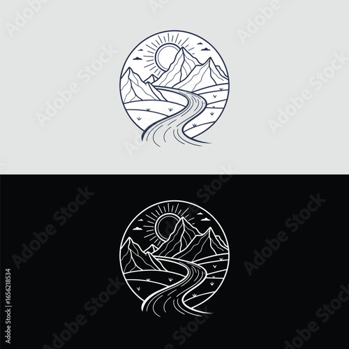 Scenic mountain landscape illustration with a winding road leading to majestic peaks under a radiant sun, capturing the essence of outdoor adventure and travel, perfect for naturethemed designs