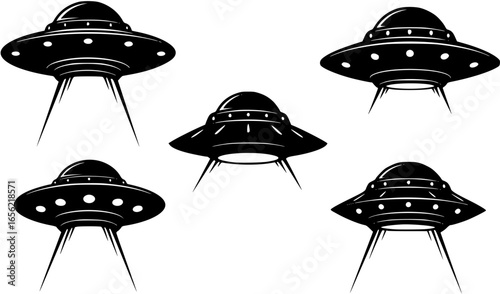Bold black UFO with glowing beam lights, retro sci-fi vector logo for conspiracy podcasts and alien-themed brands

