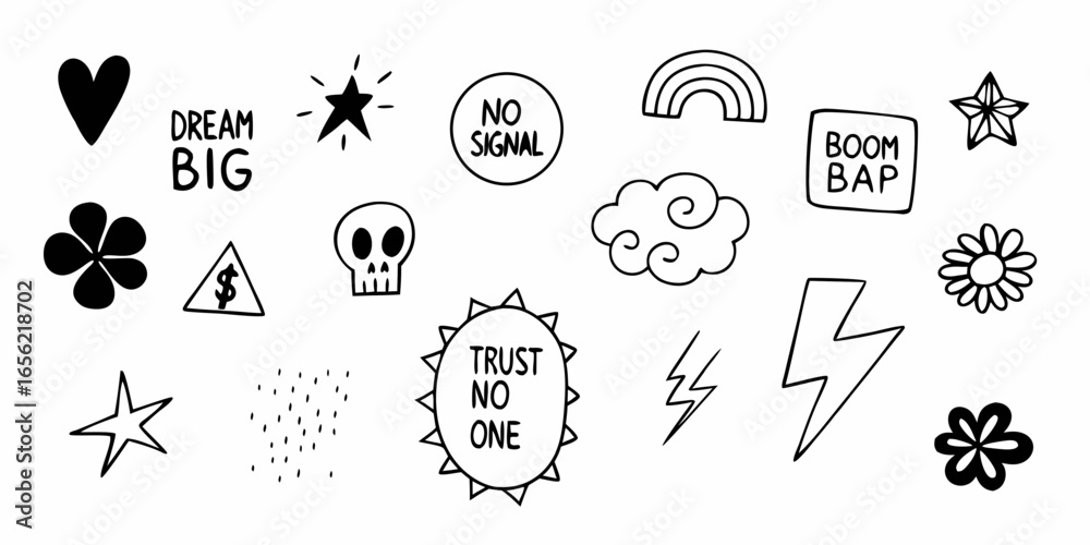 Fototapeta premium Collection of doodle style icons including heart star skull cloud and other graphic elements design on transparent background