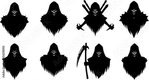 Minimalist line-art grim reaper holding a scythe in hooded cloak, elegant black and white vector logo design evoking mystery