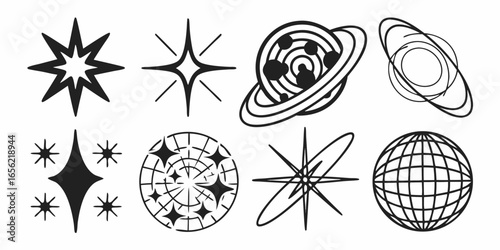 Illustration showcasing various celestial elements including stars planets and a stylized earth globe design on transparent background
