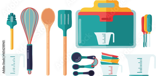 Collection of kitchen utensils and measuring cups for baking and cooking