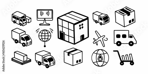 Illustration depicting logistics and shipping elements including trucks, boxes, and a globe icon set up nicely on transparent background
