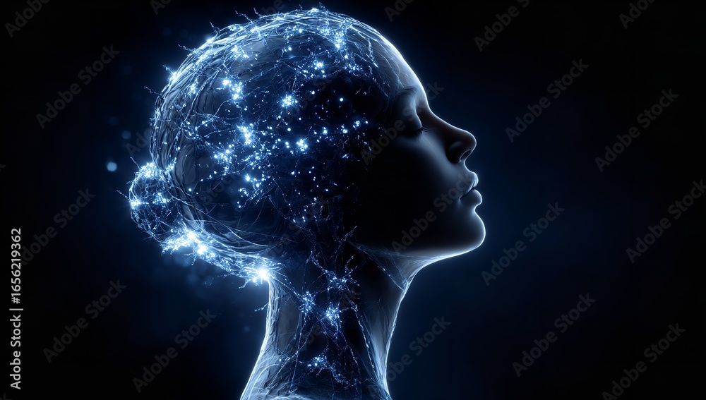 Obraz premium Artistic rendering of a human head with illuminated brain pathways, glowing synapses, and soft light effects on facial contours, set against a deep blue backdrop.